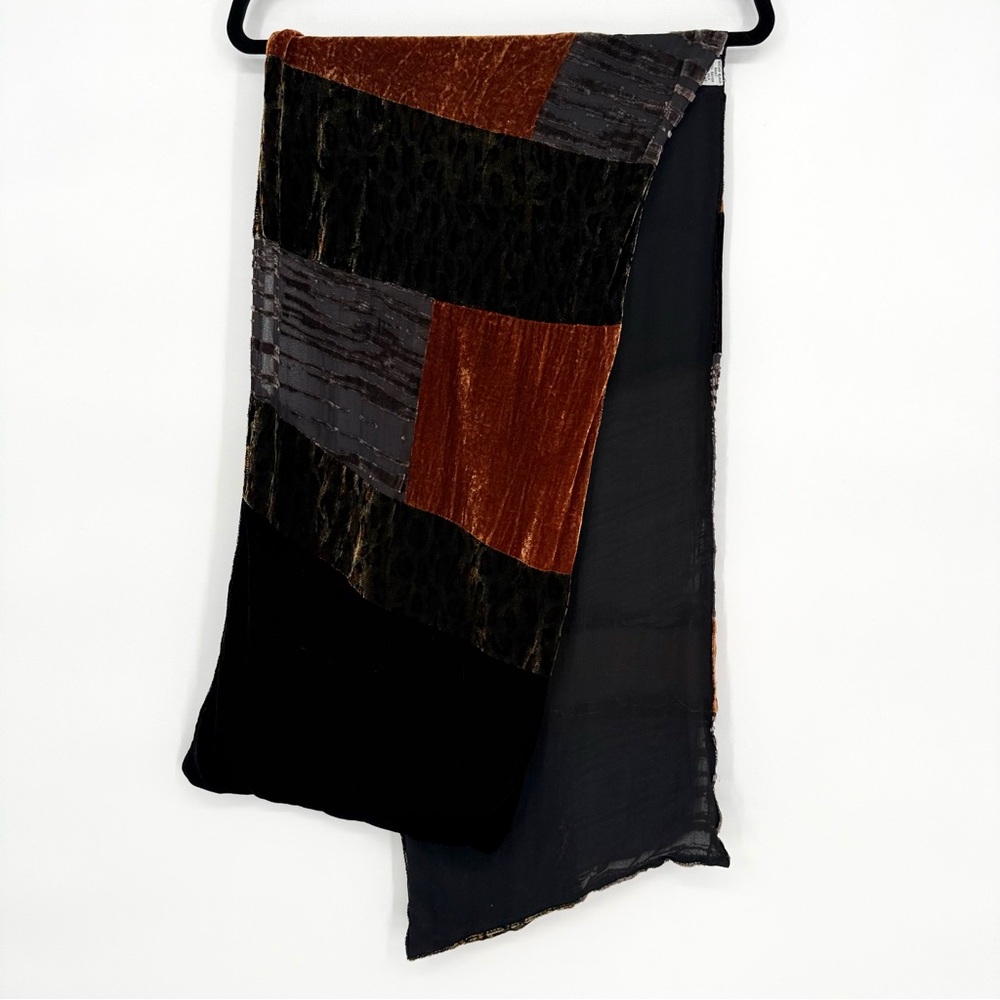 90s Vintage Chico's Silk Velvet Burnout Scarf in Black & Brown Animal Print